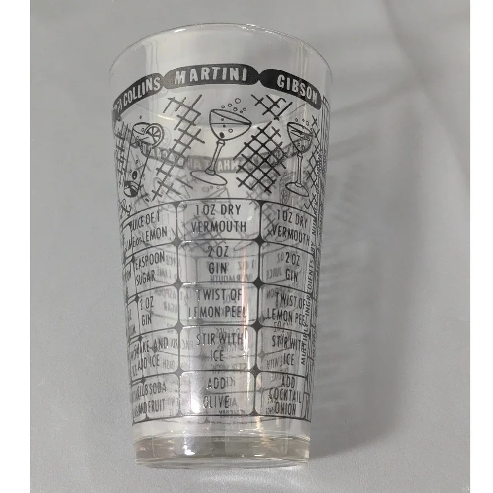 Vintage Cocktail Shaker Glass Black Recipe Print Mid Century Barware 12oz